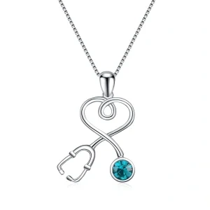 Sterling Silver Stethoscope Heart Pendant Necklaces With Blue Crystal-0