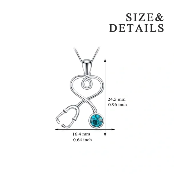 Sterling Silver Stethoscope Heart Pendant Necklaces With Blue Crystal-1