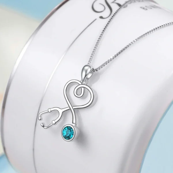 Sterling Silver Stethoscope Heart Pendant Necklaces With Blue Crystal-3