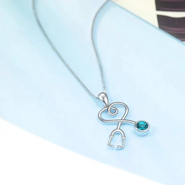 Sterling Silver Stethoscope Heart Pendant Necklaces With Blue Crystal-4