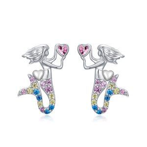 Sterling Silver Mermaid Stud Earrings With Rainbow CZ-0