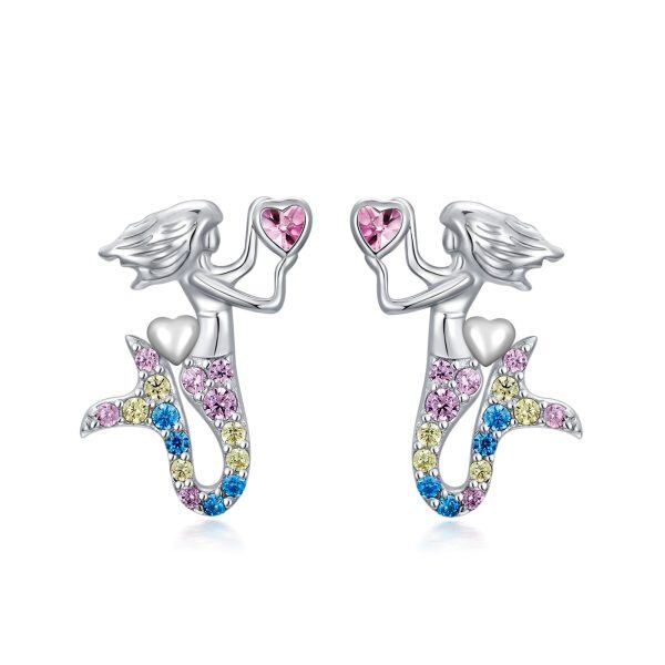 Sterling Silver Mermaid Stud Earrings With Rainbow CZ-0