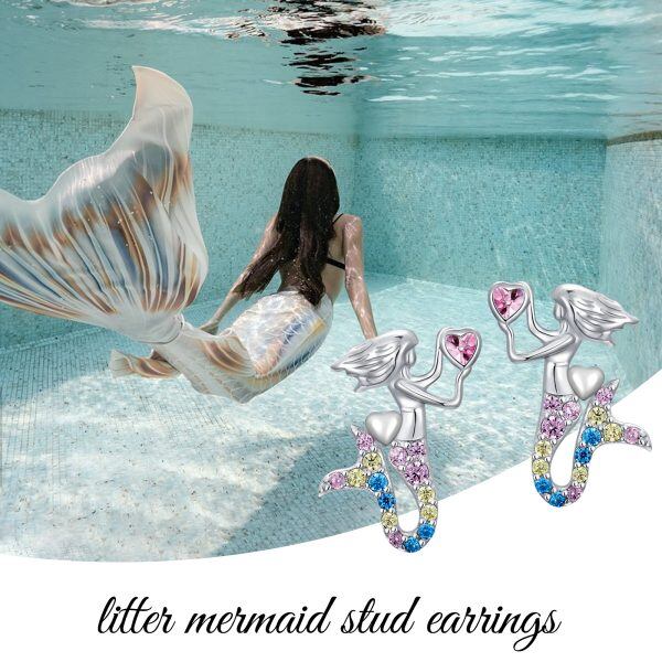 Sterling Silver Mermaid Stud Earrings With Rainbow CZ-2