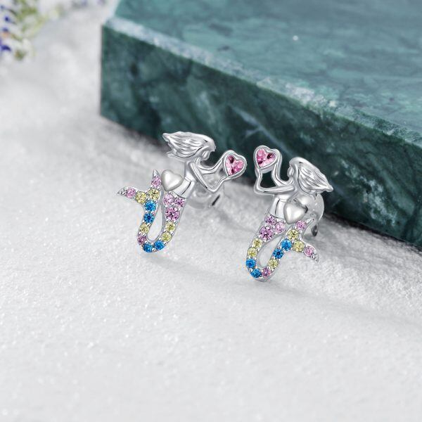 Sterling Silver Mermaid Stud Earrings With Rainbow CZ-6