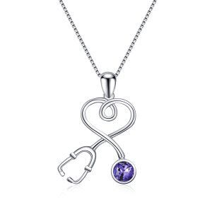 Sterling Silver Stethoscope Pendant Necklaces With Purple Crystal-0