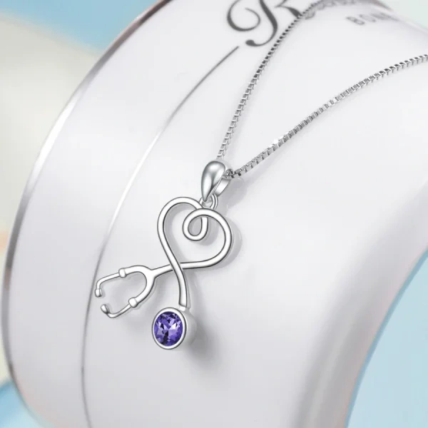 Sterling Silver Stethoscope Pendant Necklaces With Purple Crystal-2