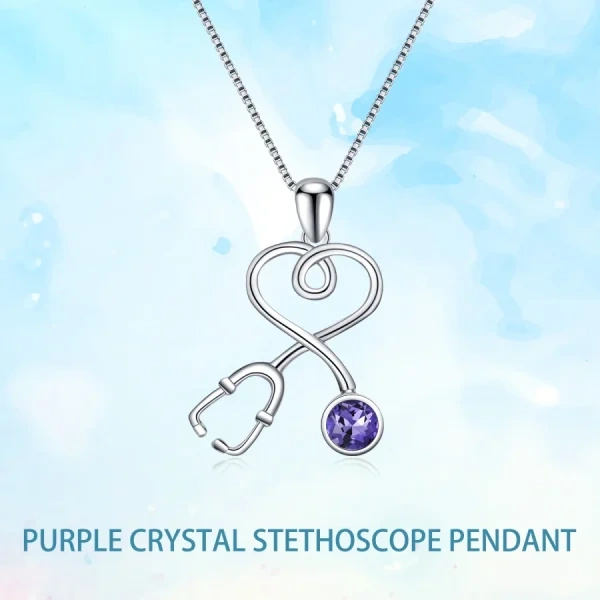 Sterling Silver Stethoscope Pendant Necklaces With Purple Crystal-4