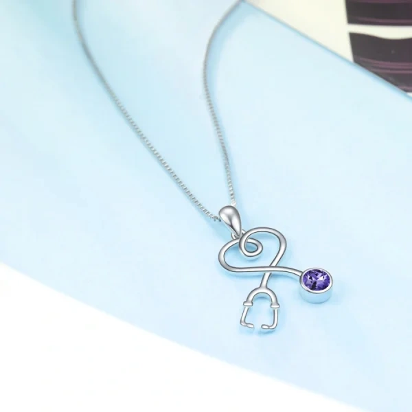 Sterling Silver Stethoscope Pendant Necklaces With Purple Crystal-5