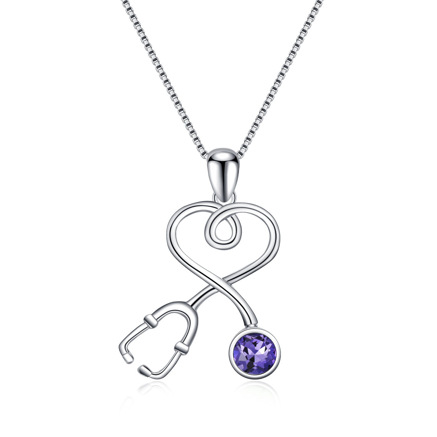 wholesale 925 Sterling Silver Plated Gold Infinity Heart Stethoscope Pendant Necklace with Cubic Zirconia Accent for Nurses Doctors Gifts- Rhodium Plated