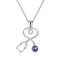 wholesale Sterling Silver Austrian Birthstone Stethoscope Necklace for Medical Graduates - Rhodium Plated- Rhodium Plated