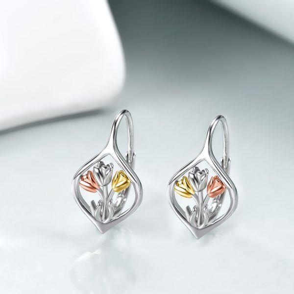 Sterling Silver Tulip Flower Huggie Earrings-4