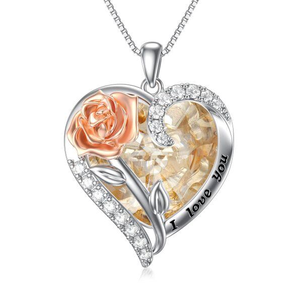 Sterling Silver Rose Flower Pendant Necklace With November Birthstone Crystal -0