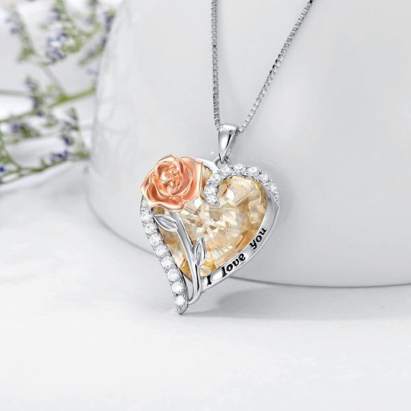 Sterling Silver Rose Flower Pendant Necklace With November Birthstone Crystal -4