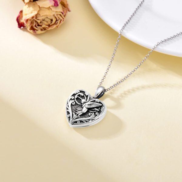 Sterling Silver Heart Shaped Hummingbird Locket Necklace That Holds 2 Pictures-5