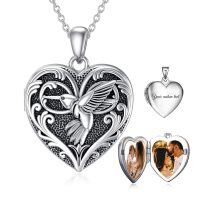 wholesale 925 Sterling Silver Heart Hummingbird Photo Locket Pendant with Chain and Gift Box - Personalized Engraving Available- Oxidized/Oxidised