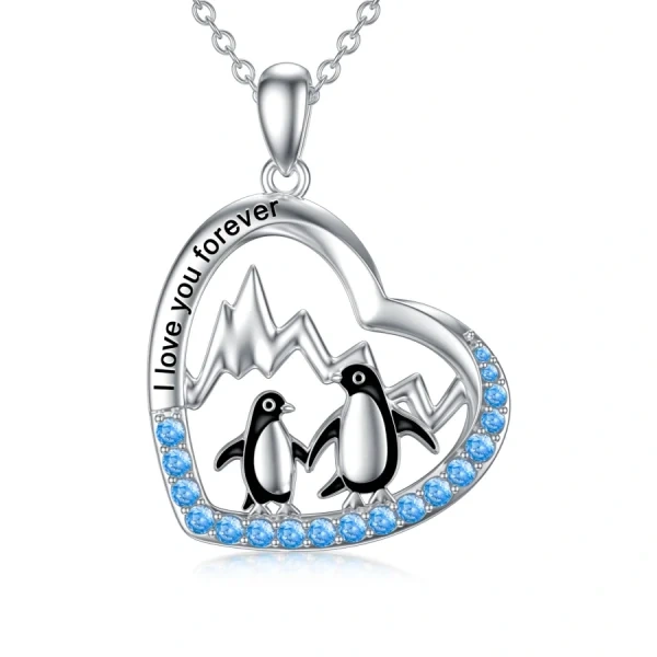 Sterling Silver Antarctic Penguin Heart Pendant Necklace-0