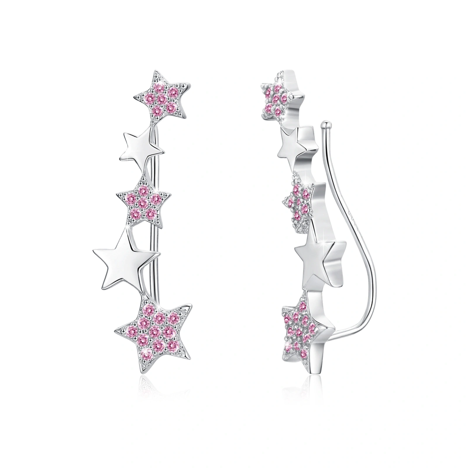 Sterling Silver Cubic Zirconia Star Earrings Cuff Wrap Climber Linked Sweep Ear Pin for Women - Rhodium Plated- Rhodium Plated