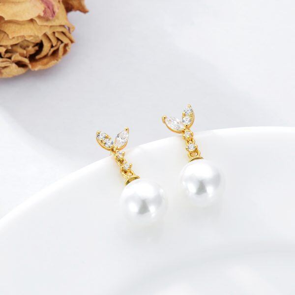 14K Gold Pearl Fishtail Drop Earrings-4