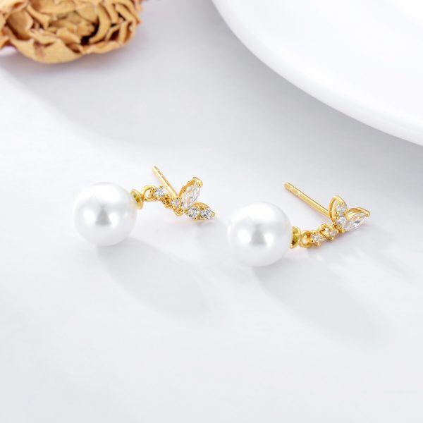 14K Gold Pearl Fishtail Drop Earrings-5