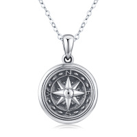 wholesale 925 Sterling Silver Compass Design Memorial Photo Lockets Necklaces for Women Mother's Day Gifts- Oxidized/Oxidised