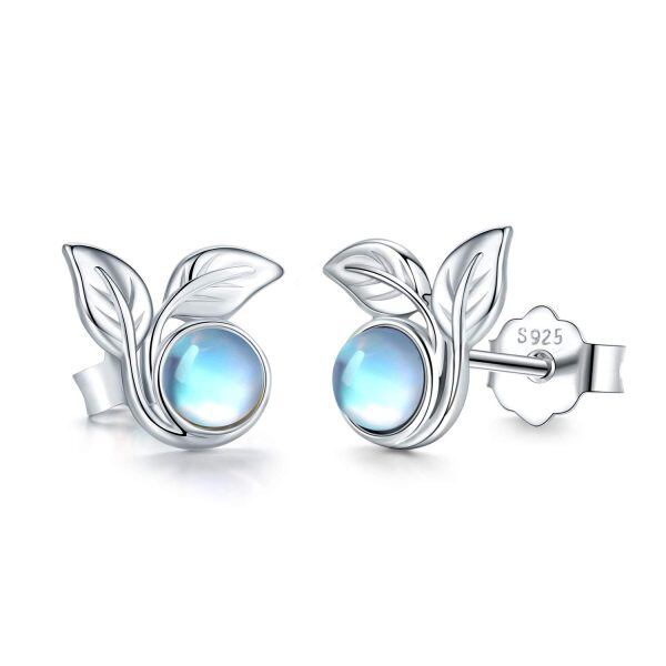 Sterling Silver Moonstone Leaf Stud Earrings-0