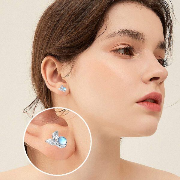 Sterling Silver Moonstone Leaf Stud Earrings-4