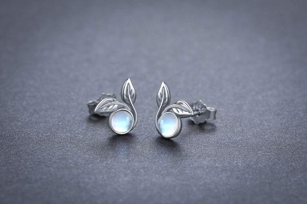 Sterling Silver Moonstone Leaf Stud Earrings-5