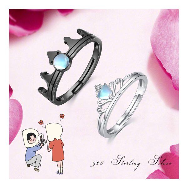 Sterling Silver Moonstone Adjustable Couple Rings-3