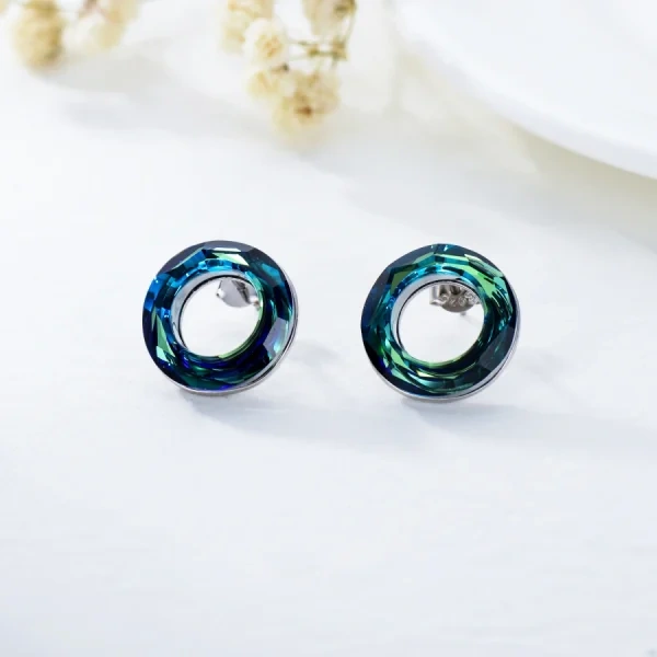 Sterling Silver Blue Circle Crystal Stud Earrings-3