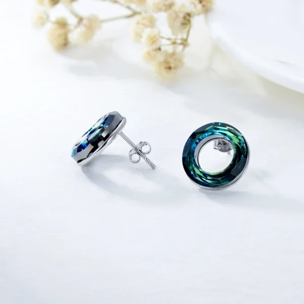 Sterling Silver Blue Circle Crystal Stud Earrings-4