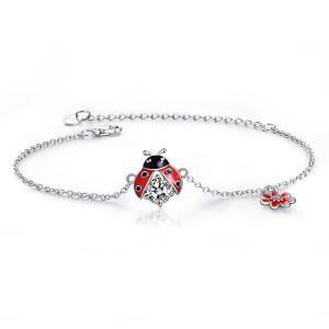 Sterling Silver Ladybug Flower Adjustable Chain Bracelet-0