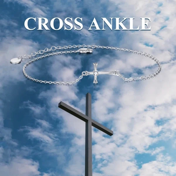 Sterling Silver Shining CZ Cross Ankle Bracelets-2