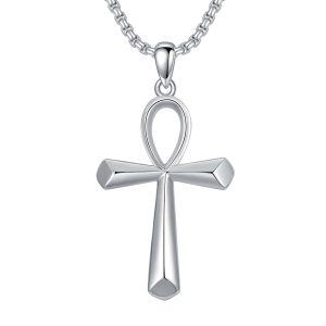 Sterling Silver Ankh Cross Pendant Necklace With Stainless Steel Chain-0