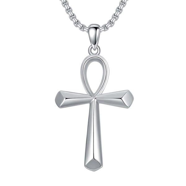 Sterling Silver Ankh Cross Pendant Necklace With Stainless Steel Chain-0