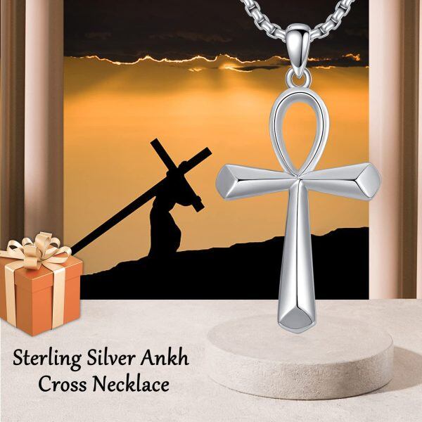 Sterling Silver Ankh Cross Pendant Necklace With Stainless Steel Chain-3