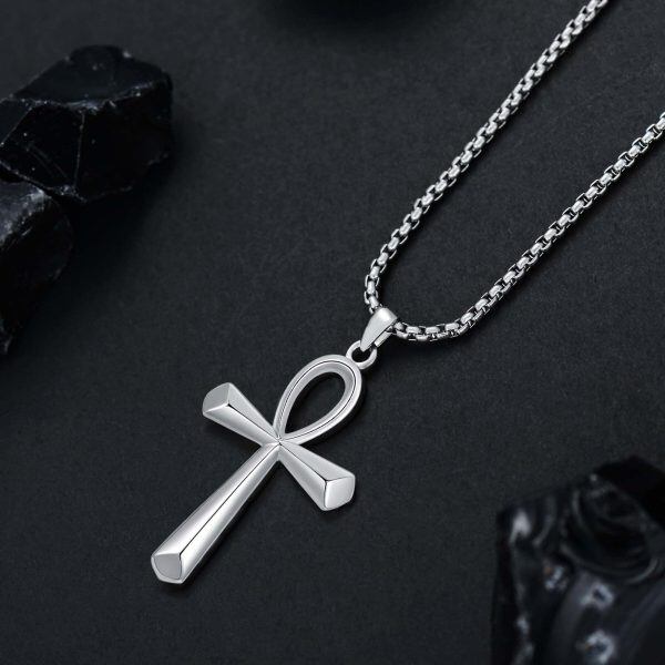 Sterling Silver Ankh Cross Pendant Necklace With Stainless Steel Chain-5