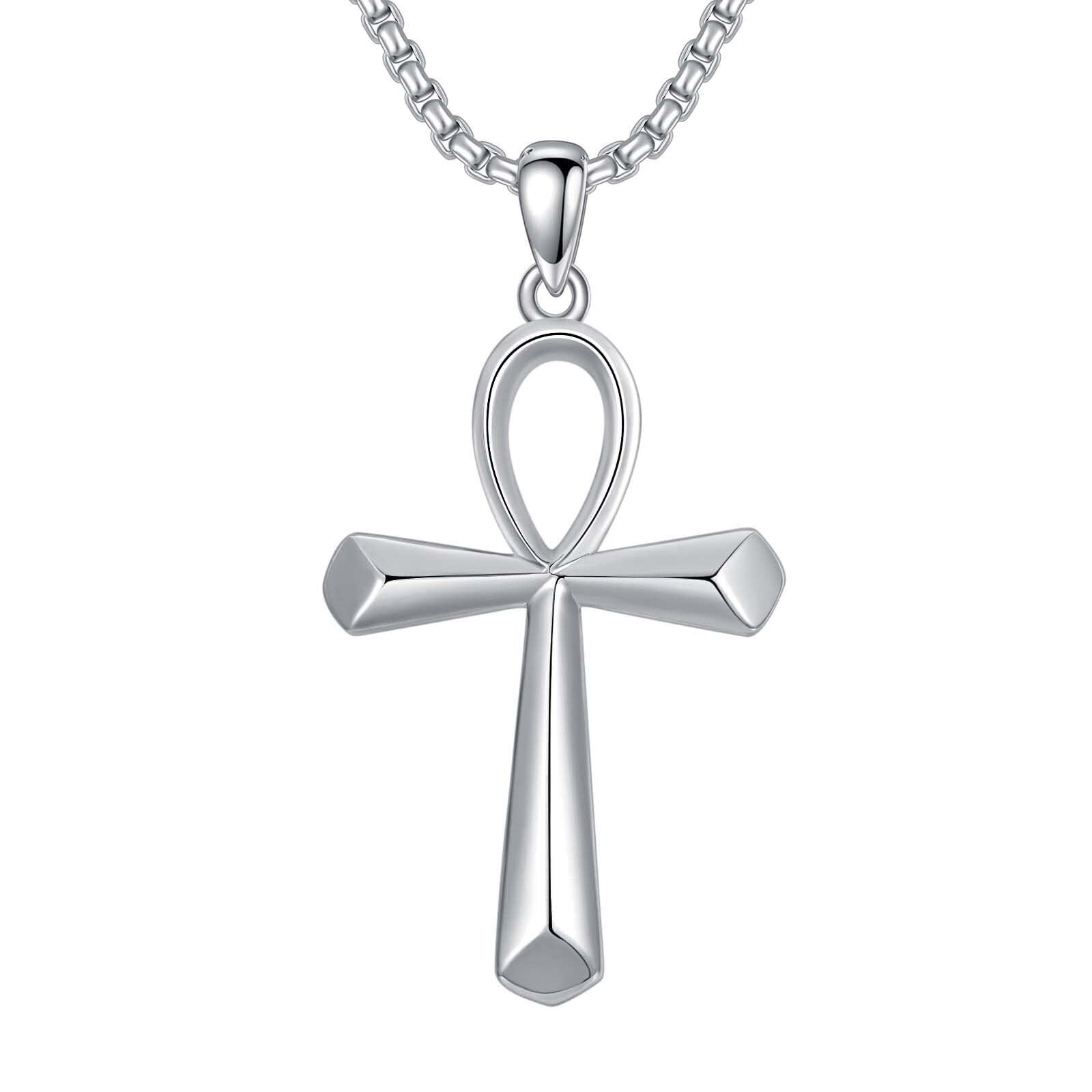 Sterling Silver No Gemstone Black Cross Baseball Bat Ankh Necklace for Men Women Kids 22+2 Steel Rolo Chain Christian Jewelry Gift - Rhodium Plated- Rhodium Plated