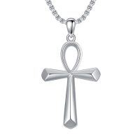 wholesale 925 Sterling Silver Egyptian Ankh Pendant with 3mm  Cable Chain - Mens Womens Boys Girls Religious s- Rhodium Plated