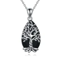 wholesale 925 Sterling Silver Black Tourmaline & Tree of Life Pendant Necklace- Rhodium Plated