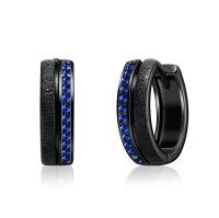 wholesale 925 Sterling Silver Blue Sapphire Black Textured Mens Huggie Hoop Earrings Gifts for Dad/Husband- Black Rhodium Plated