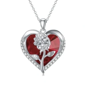 Sterling Silver Rose Pendant Necklaces With Heart January Birthstone Crystal-0