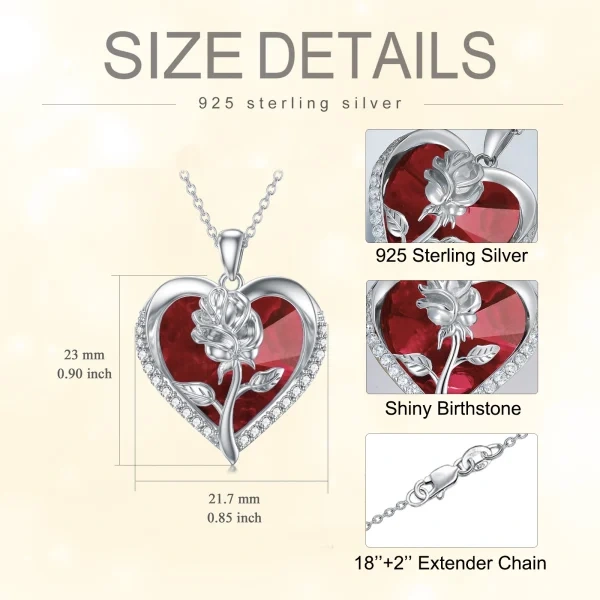 Sterling Silver Rose Pendant Necklaces With Heart January Birthstone Crystal-1