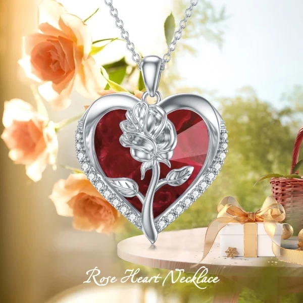 Sterling Silver Rose Pendant Necklaces With Heart January Birthstone Crystal-2