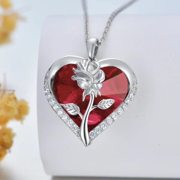 Sterling Silver Rose Pendant Necklaces With Heart January Birthstone Crystal-3