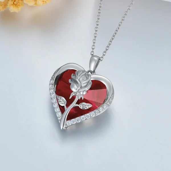 Sterling Silver Rose Pendant Necklaces With Heart January Birthstone Crystal-4