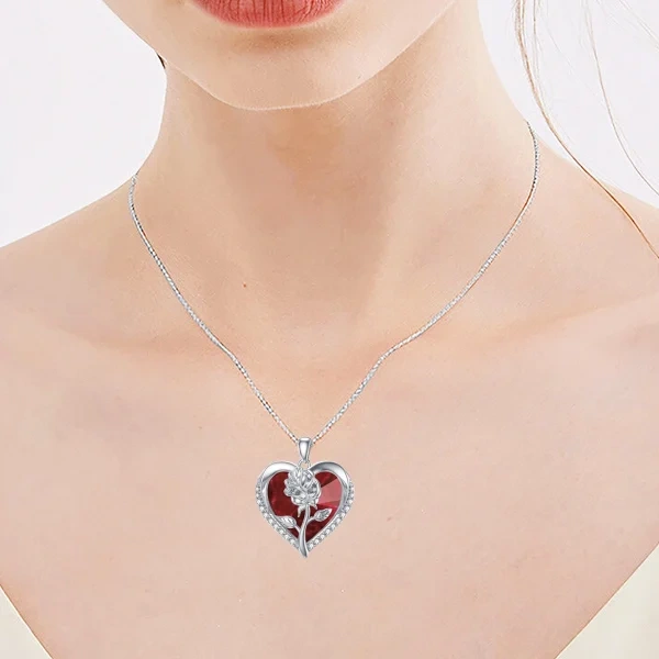 Sterling Silver Rose Pendant Necklaces With Heart January Birthstone Crystal-5