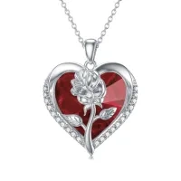 wholesale 925 Sterling Silver Red Crystal Heart Rose Pendant Necklace for Women Girls Gifts- Rhodium Plated