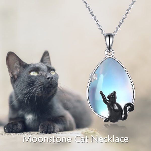 Sterling Silver Cat Teardrop Moonstone Pendant Necklace-2