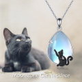 wholesale 925 Sterling Silver Teardrop Moonstone Pendant with Black Cat Charm Necklace for Women Irish -0-2