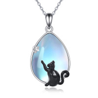 wholesale 925 Sterling Silver Teardrop Moonstone Pendant with Black Cat Charm Necklace for Women Irish - Rhodium Plated